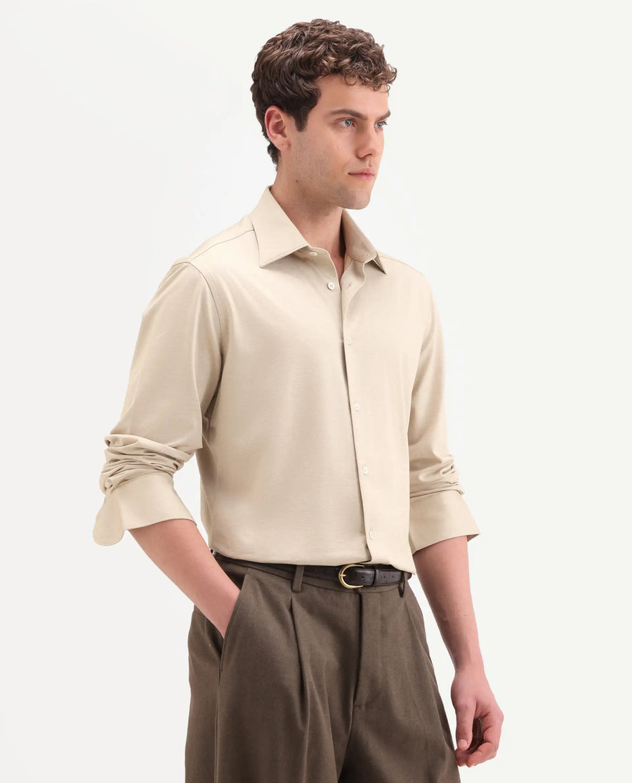 Rare Rabbit Men's Bogi Light Beige Cotton Blend Full Sleeve Spread Collar Regular Fit Plain Shirt