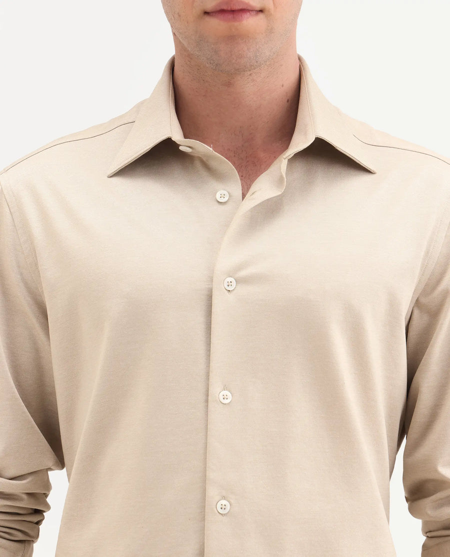 Rare Rabbit Men's Bogi Light Beige Cotton Blend Full Sleeve Spread Collar Regular Fit Plain Shirt