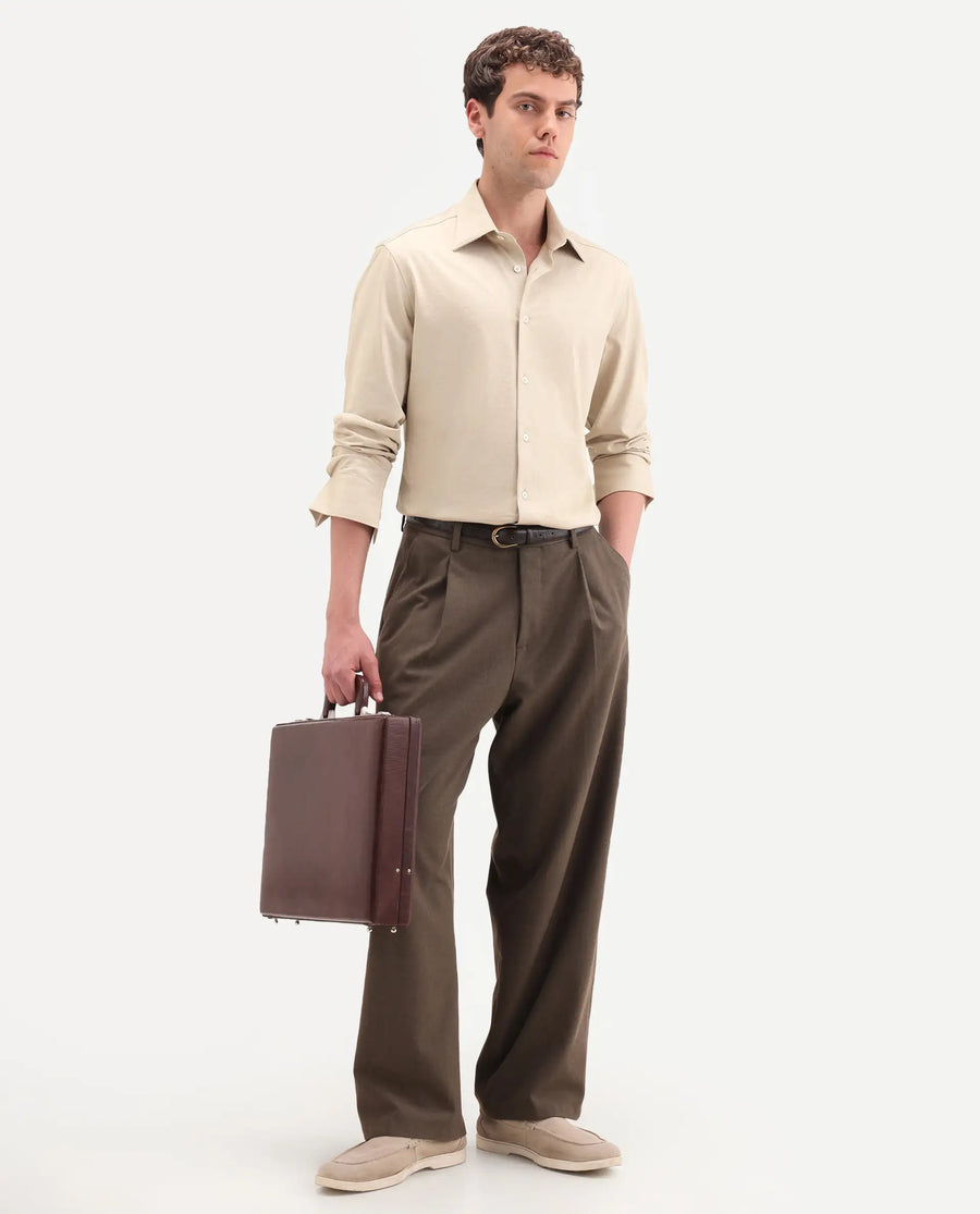 Rare Rabbit Men's Bogi Light Beige Cotton Blend Full Sleeve Spread Collar Regular Fit Plain Shirt