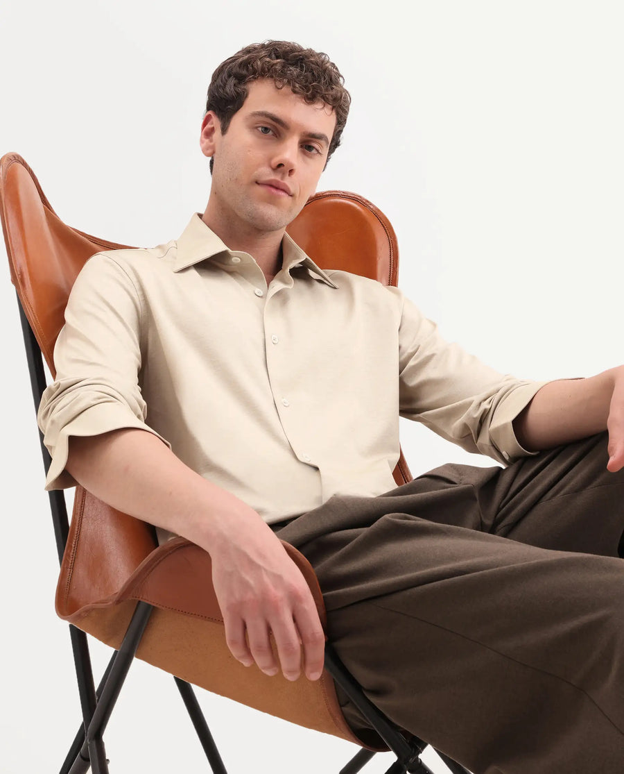 Rare Rabbit Men's Bogi Light Beige Cotton Blend Full Sleeve Spread Collar Regular Fit Plain Shirt