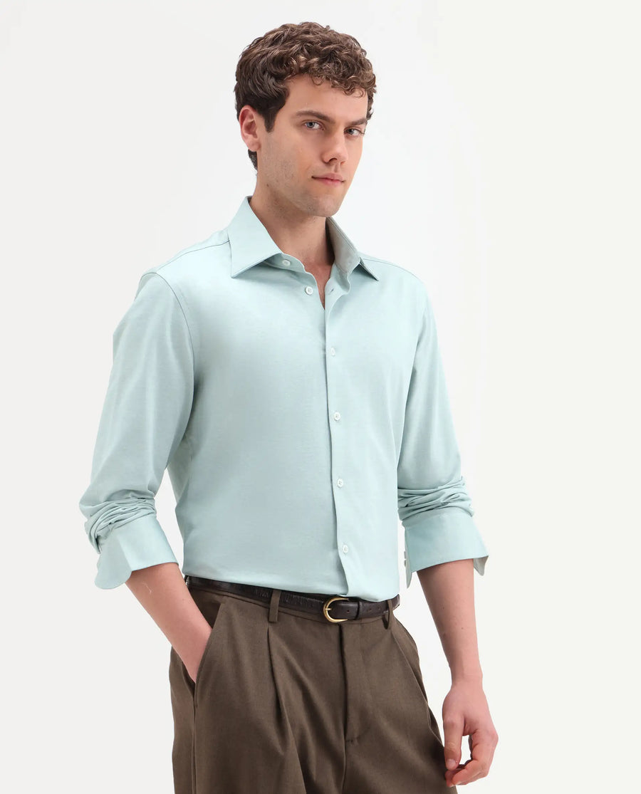 Rare Rabbit Men's Bogi Light Green Cotton Blend Full Sleeve Spread Collar Regular Fit Plain Shirt