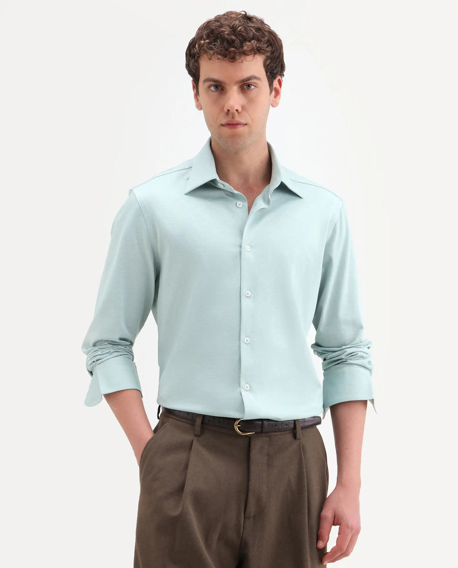 Rare Rabbit Men's Bogi Light Green Cotton Blend Full Sleeve Spread Collar Regular Fit Plain Shirt