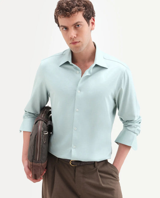 Rare Rabbit Men's Bogi Light Green Cotton Blend Full Sleeve Spread Collar Regular Fit Plain Shirt