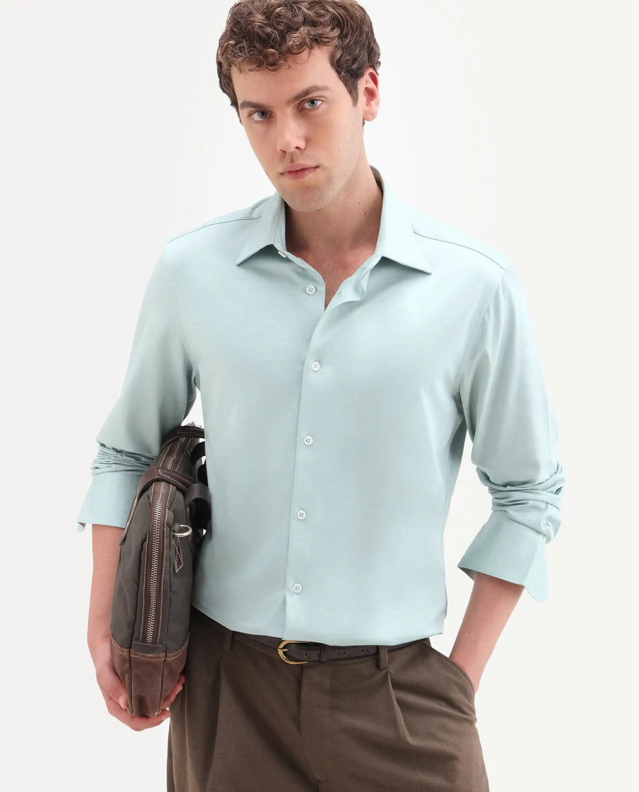Rare Rabbit Men's Bogi Light Green Cotton Blend Full Sleeve Spread Collar Regular Fit Plain Shirt