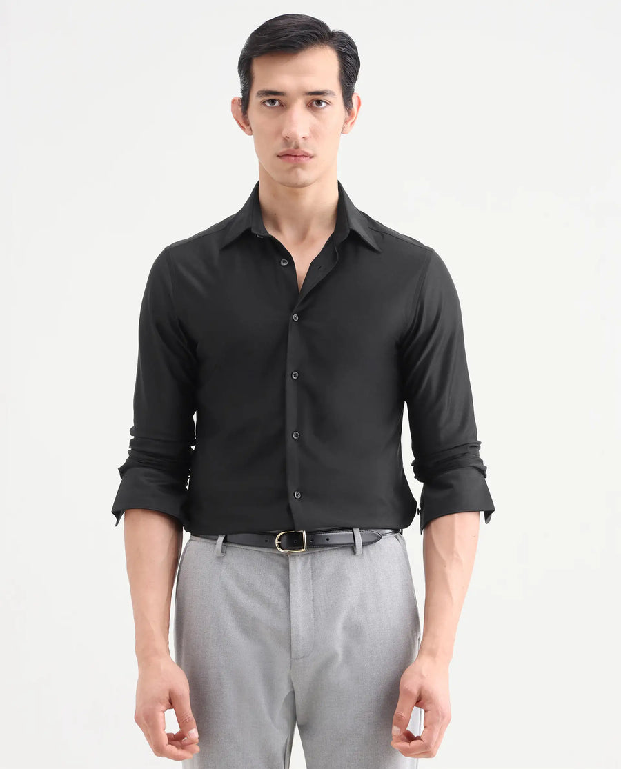 Rare Rabbit Men's Bogi Black Cotton Blend Full Sleeve Spread Collar Regular Fit Plain Shirt