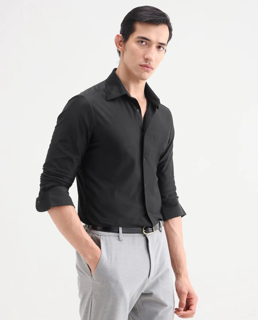 Rare Rabbit Men's Bogi Black Cotton Blend Full Sleeve Spread Collar Regular Fit Plain Shirt