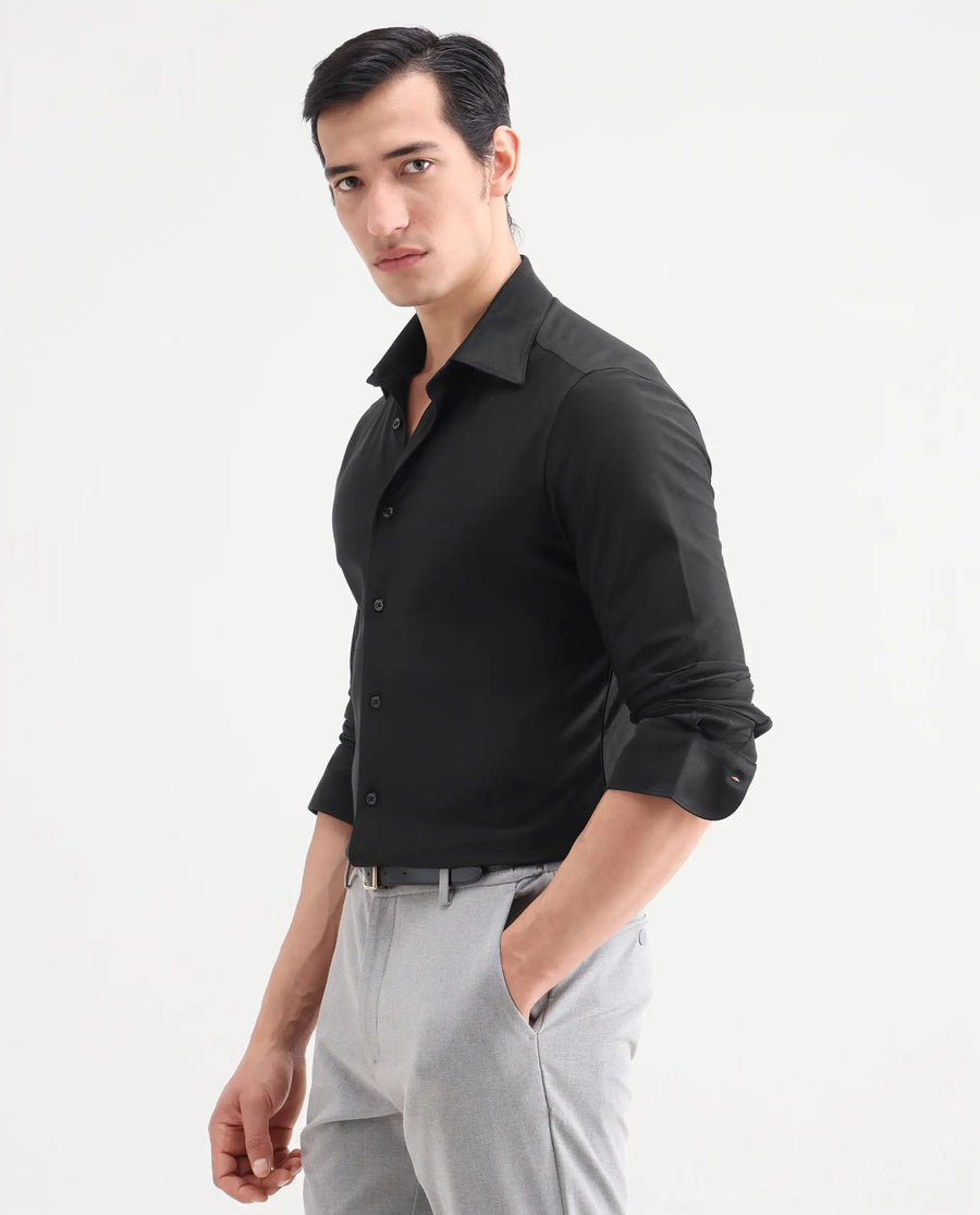 Rare Rabbit Men's Bogi Black Cotton Blend Full Sleeve Spread Collar Regular Fit Plain Shirt