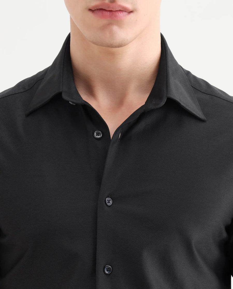 Rare Rabbit Men's Bogi Black Cotton Blend Full Sleeve Spread Collar Regular Fit Plain Shirt
