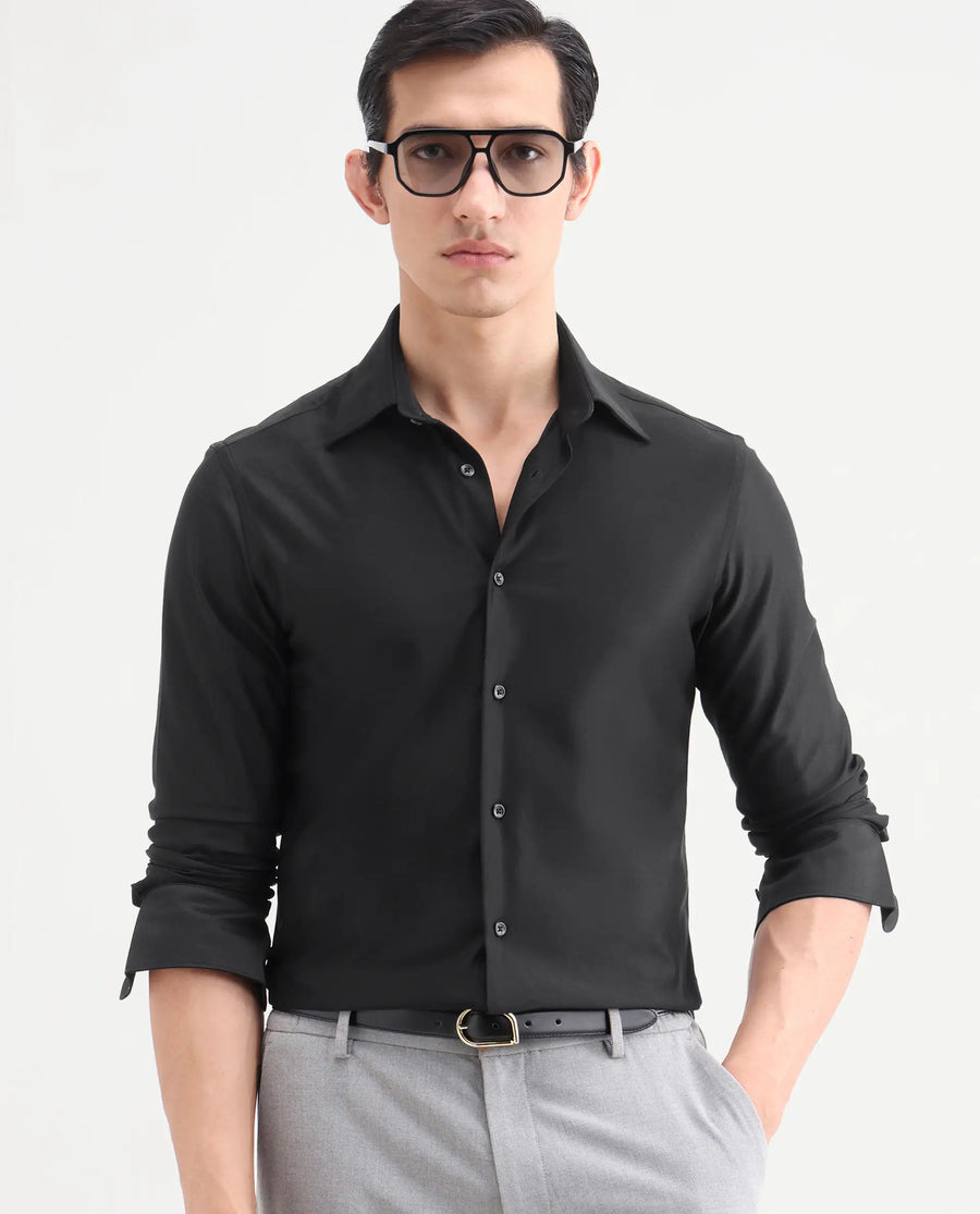 Rare Rabbit Men's Bogi Black Cotton Blend Full Sleeve Spread Collar Regular Fit Plain Shirt