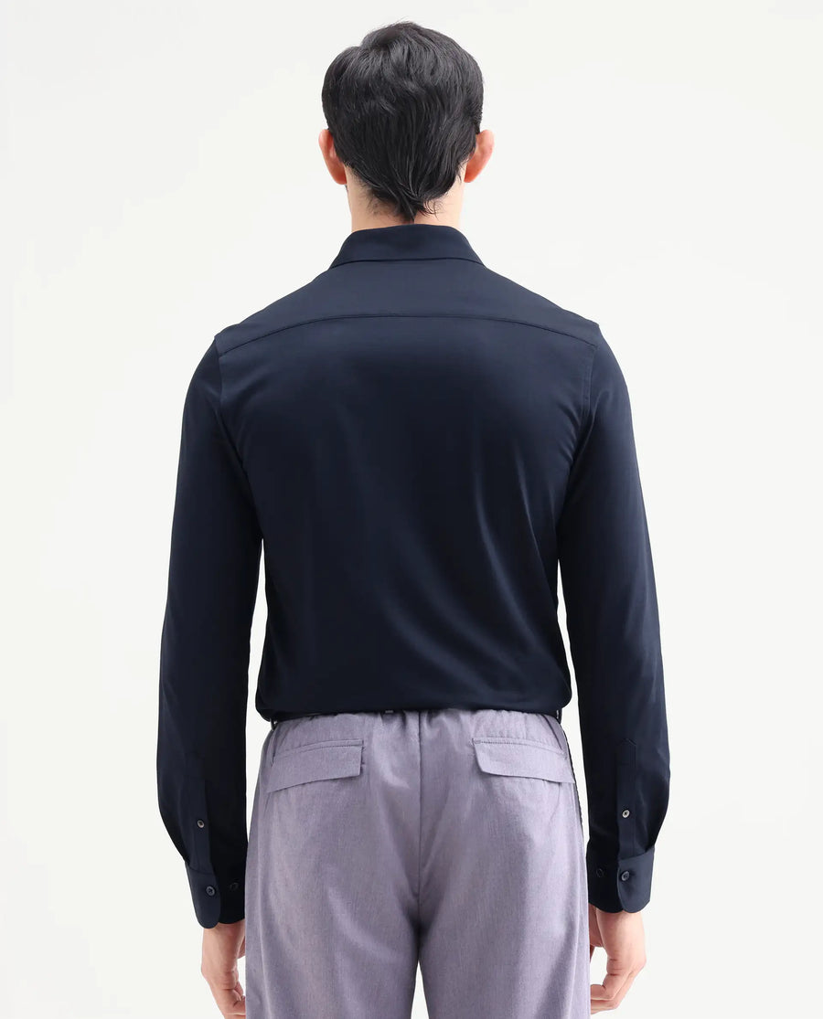 Rare Rabbit Men's Bogi Navy Cotton Blend Full Sleeve Spread Collar Regular Fit Plain Shirt