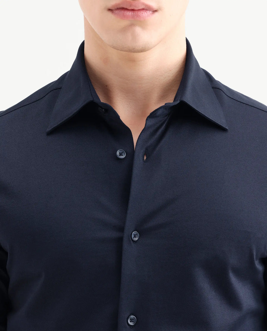 Rare Rabbit Men's Bogi Navy Cotton Blend Full Sleeve Spread Collar Regular Fit Plain Shirt