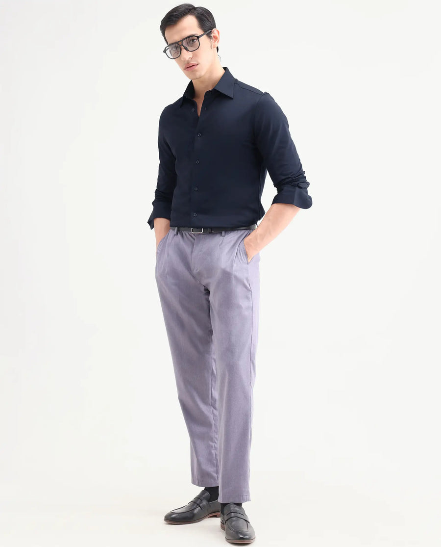 Rare Rabbit Men's Bogi Navy Cotton Blend Full Sleeve Spread Collar Regular Fit Plain Shirt