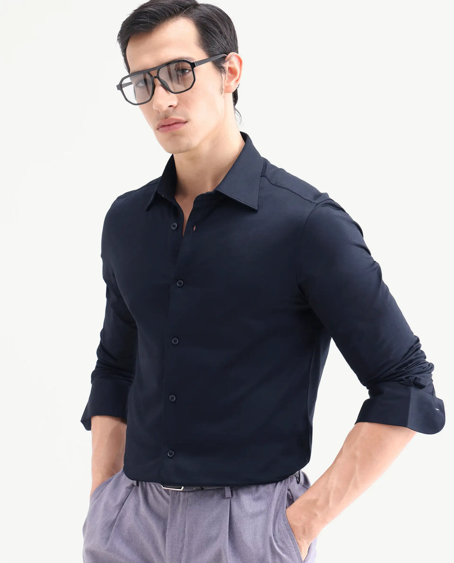 Rare Rabbit Men's Bogi Navy Cotton Blend Full Sleeve Spread Collar Regular Fit Plain Shirt