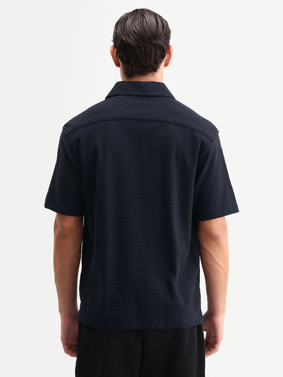 Rare Rabbit Men's Borp-26 Navy Cotton Fabric Half Sleeve Spread Collar Regular Fit Jacquard Shirt