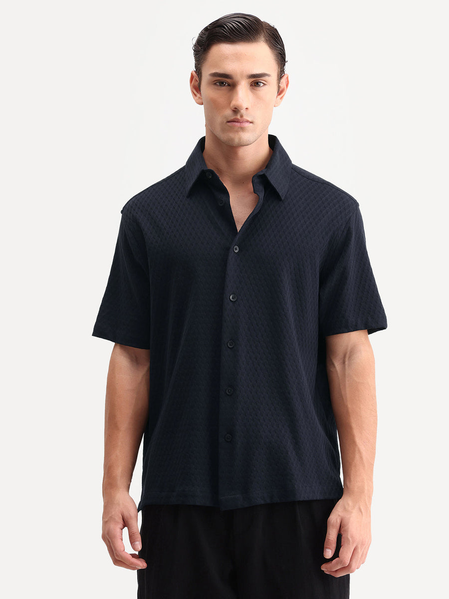Rare Rabbit Men's Borp-26 Navy Cotton Fabric Half Sleeve Spread Collar Regular Fit Jacquard Shirt