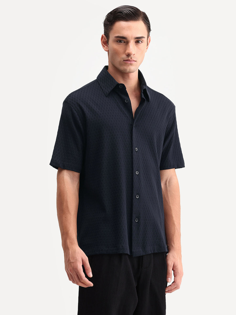 Rare Rabbit Men's Borp-26 Navy Cotton Fabric Half Sleeve Spread Collar Regular Fit Jacquard Shirt