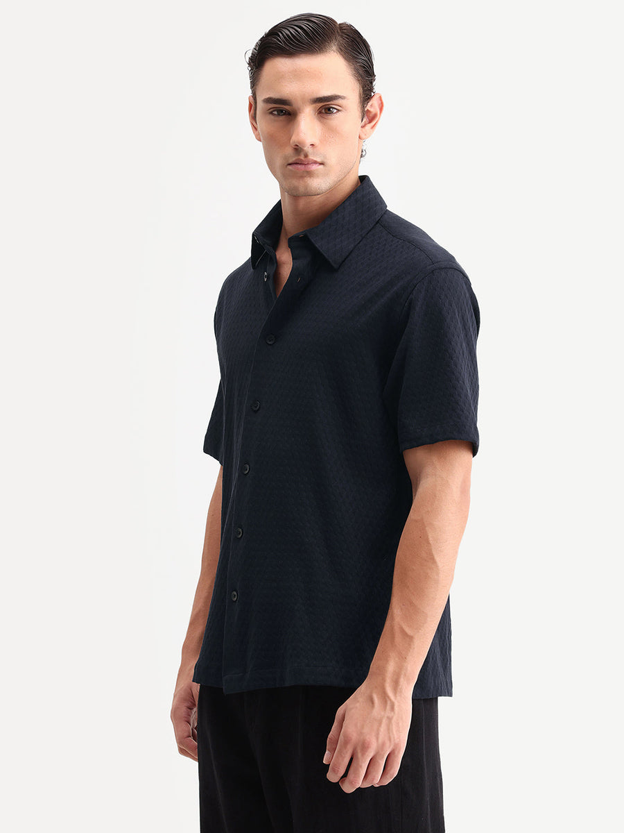 Rare Rabbit Men's Borp-26 Navy Cotton Fabric Half Sleeve Spread Collar Regular Fit Jacquard Shirt