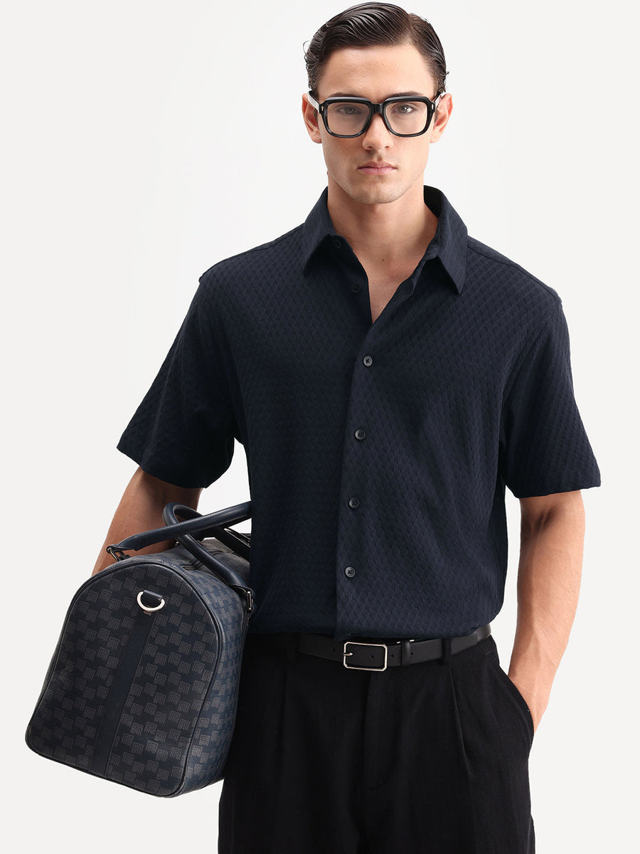Rare Rabbit Men's Borp-26 Navy Cotton Fabric Half Sleeve Spread Collar Regular Fit Jacquard Shirt