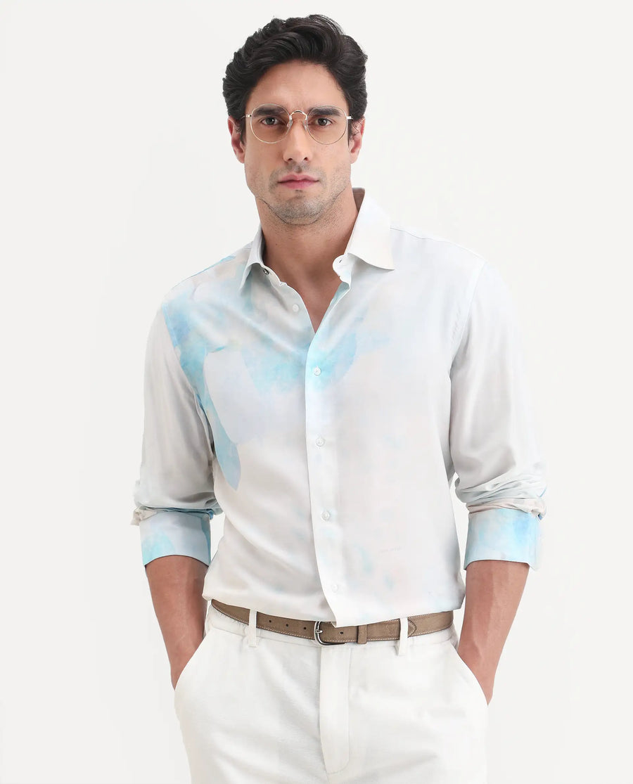 Rare Rabbit Men's Cleo White Viscose Fabric Full Sleeve Spread Collar Regular Fit Abstract Print Shirt