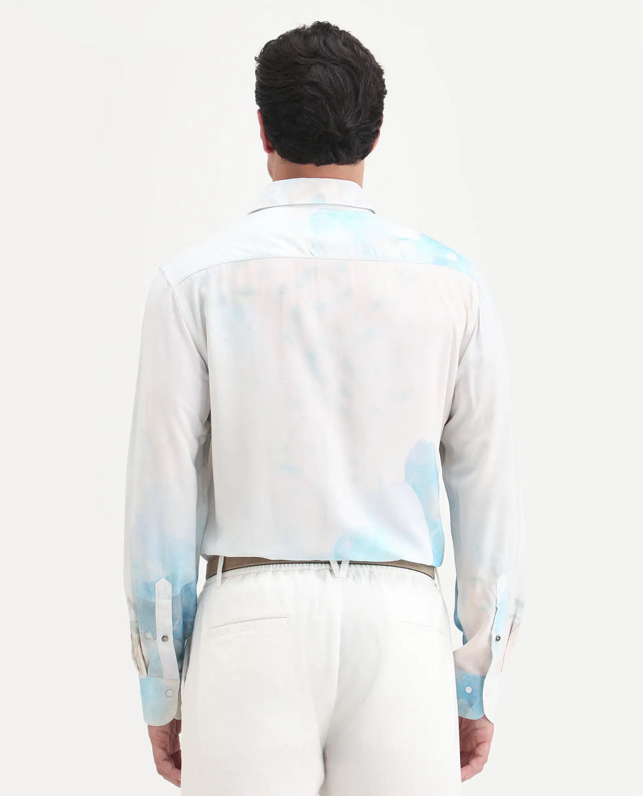 Rare Rabbit Men's Cleo White Viscose Fabric Full Sleeve Spread Collar Regular Fit Abstract Print Shirt