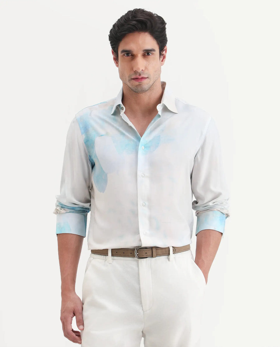 Rare Rabbit Men's Cleo White Viscose Fabric Full Sleeve Spread Collar Regular Fit Abstract Print Shirt