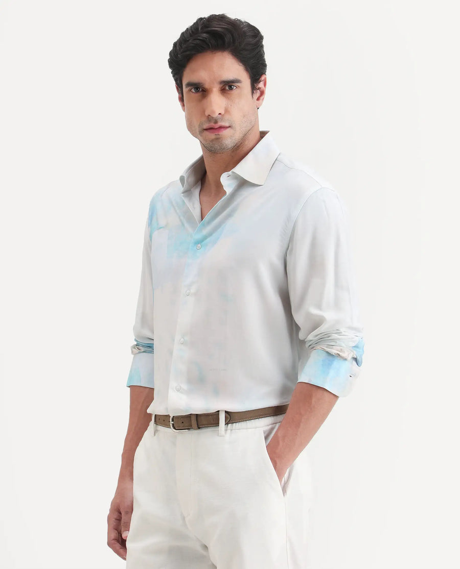 Rare Rabbit Men's Cleo White Viscose Fabric Full Sleeve Spread Collar Regular Fit Abstract Print Shirt
