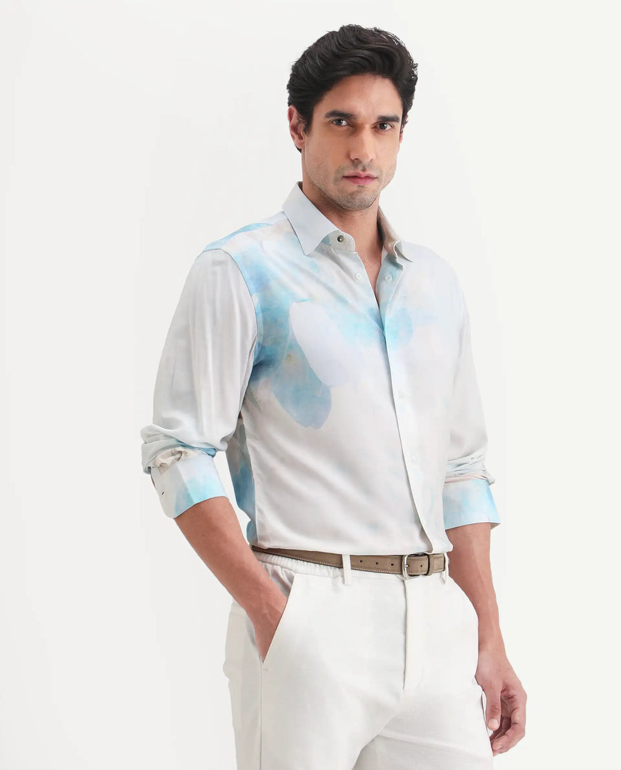Rare Rabbit Men's Cleo White Viscose Fabric Full Sleeve Spread Collar Regular Fit Abstract Print Shirt