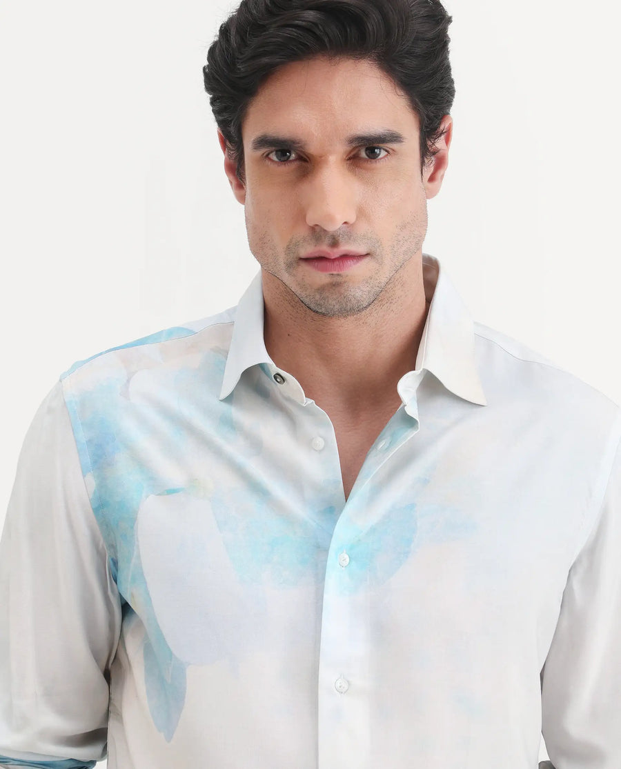 Rare Rabbit Men's Cleo White Viscose Fabric Full Sleeve Spread Collar Regular Fit Abstract Print Shirt