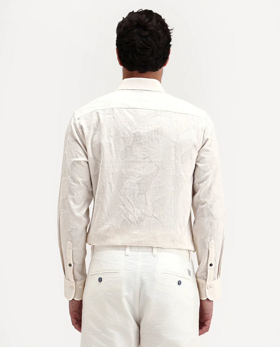 Rare Rabbit Men's Daqo-Ls Off White Cotton Full Sleeve Spread Collar Regular Fit Jacquard Shirt