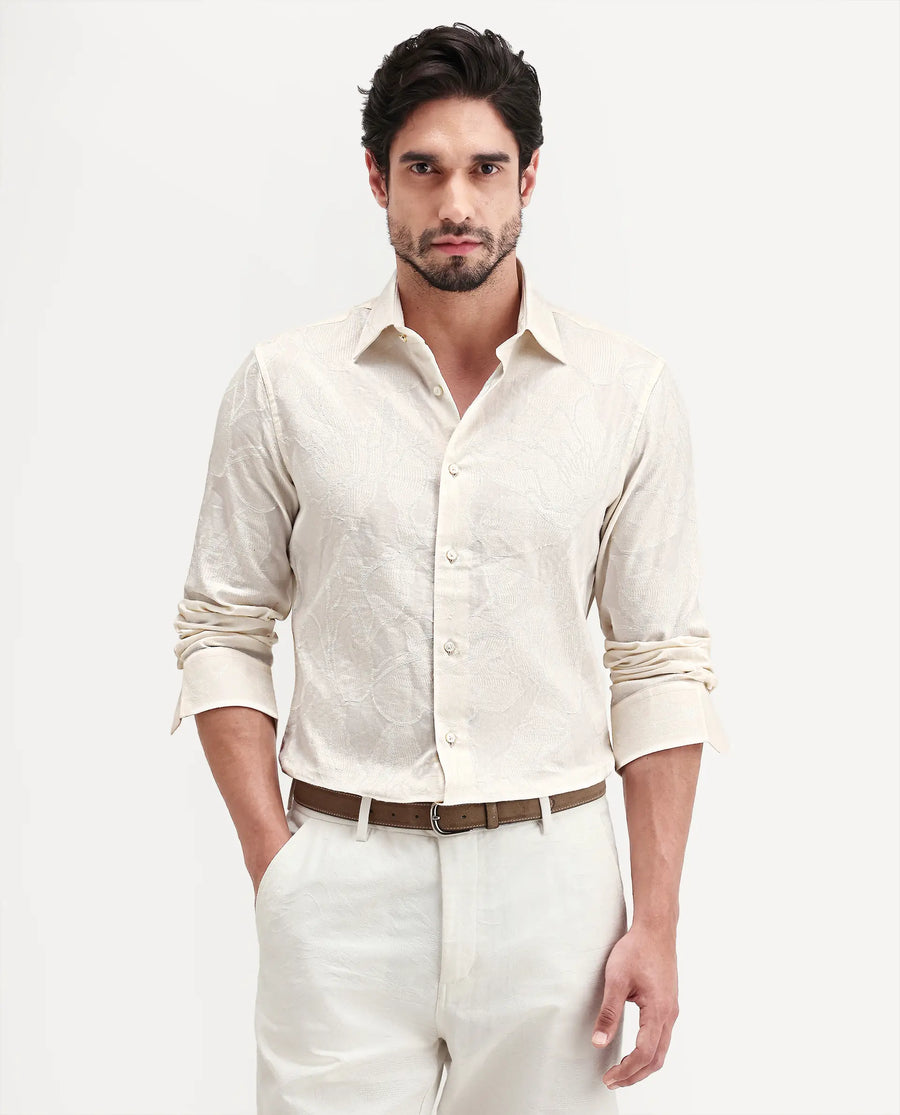Rare Rabbit Men's Daqo-Ls Off White Cotton Full Sleeve Spread Collar Regular Fit Jacquard Shirt