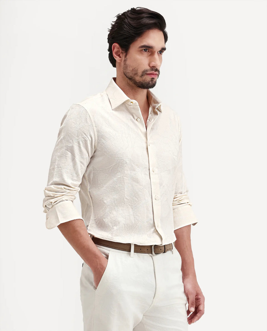 Rare Rabbit Men's Daqo-Ls Off White Cotton Full Sleeve Spread Collar Regular Fit Jacquard Shirt
