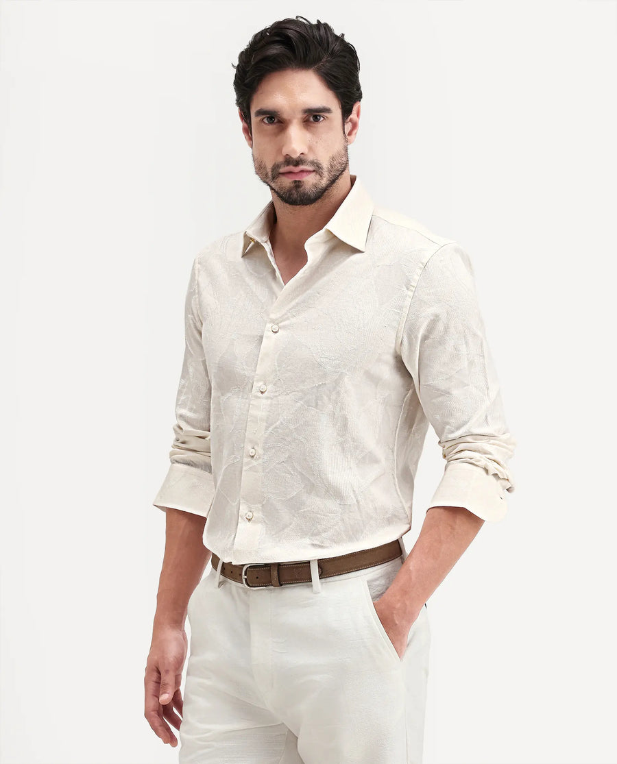 Rare Rabbit Men's Daqo-Ls Off White Cotton Full Sleeve Spread Collar Regular Fit Jacquard Shirt
