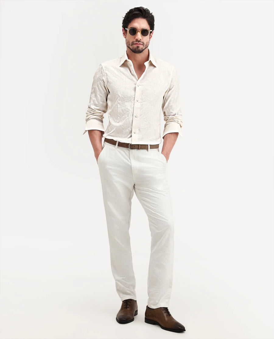 Rare Rabbit Men's Daqo-Ls Off White Cotton Full Sleeve Spread Collar Regular Fit Jacquard Shirt