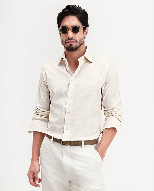 Rare Rabbit Men's Daqo-Ls Off White Cotton Full Sleeve Spread Collar Regular Fit Jacquard Shirt