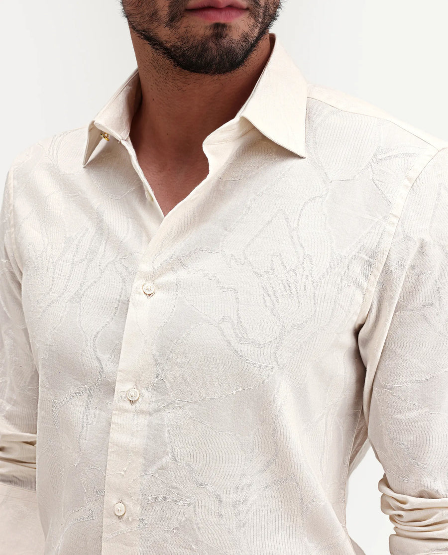 Rare Rabbit Men's Daqo-Ls Off White Cotton Full Sleeve Spread Collar Regular Fit Jacquard Shirt