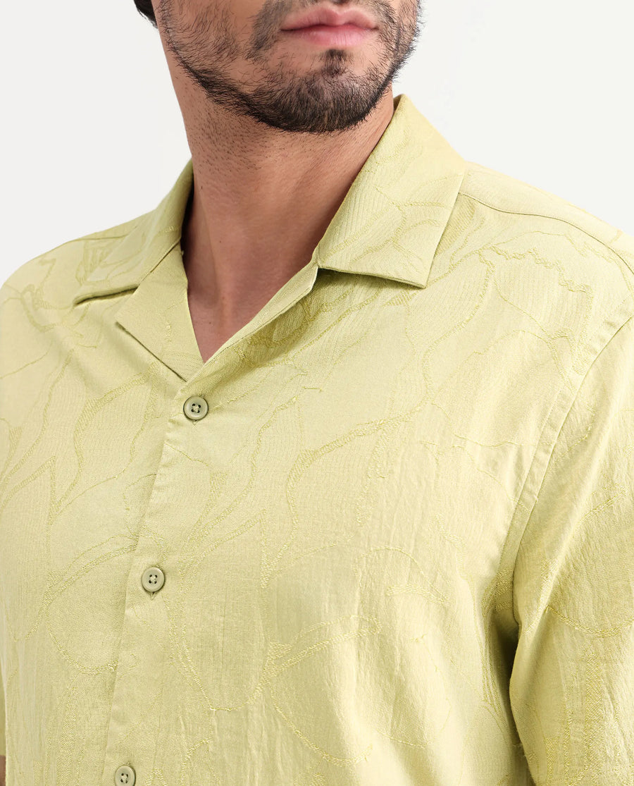 Rare Rabbit Men's Daqo-Ss Flourscent Green Cotton Half Sleeve Cuban Collar Regular Fit Jacquard Shirt