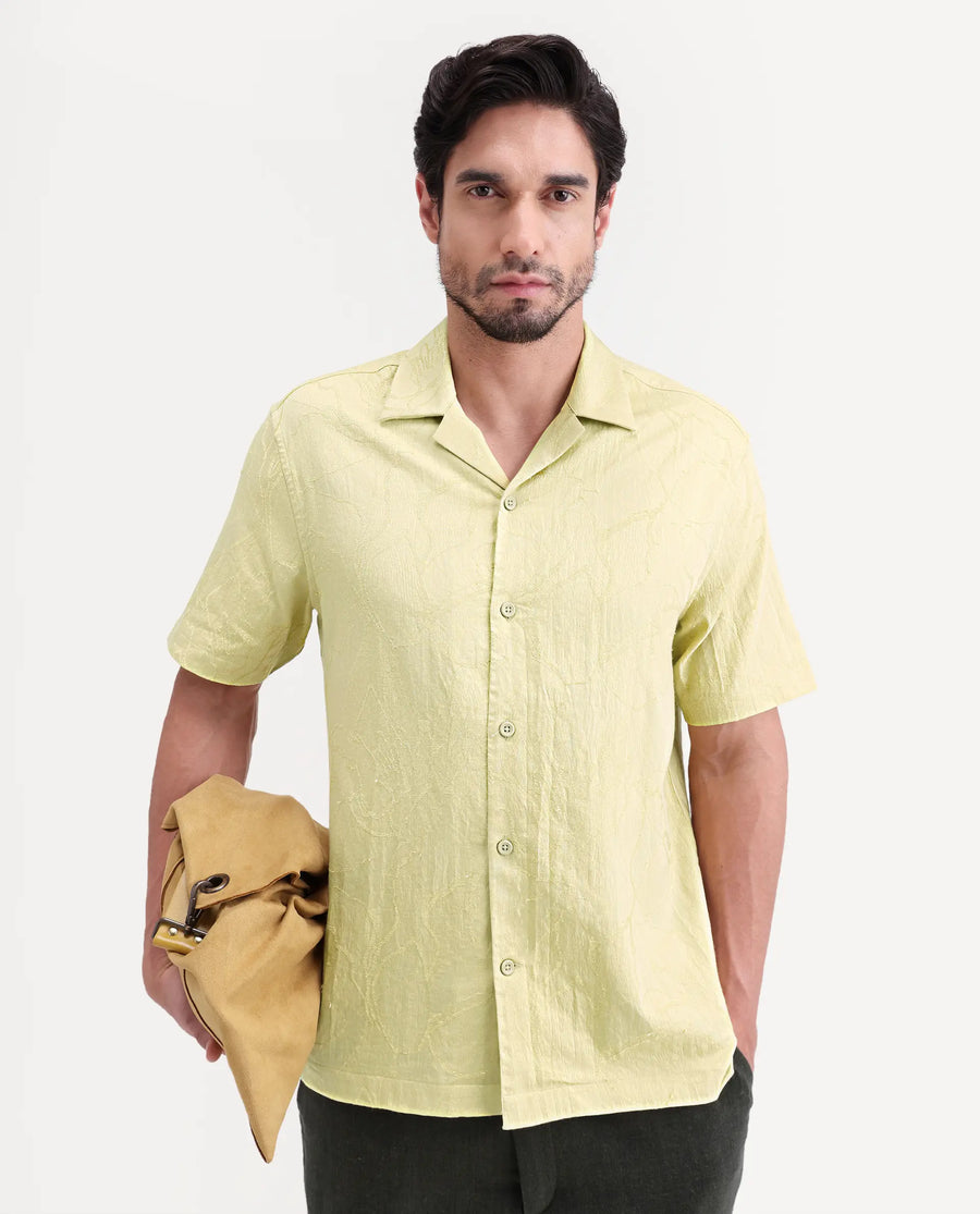 Rare Rabbit Men's Daqo-Ss Flourscent Green Cotton Half Sleeve Cuban Collar Regular Fit Jacquard Shirt