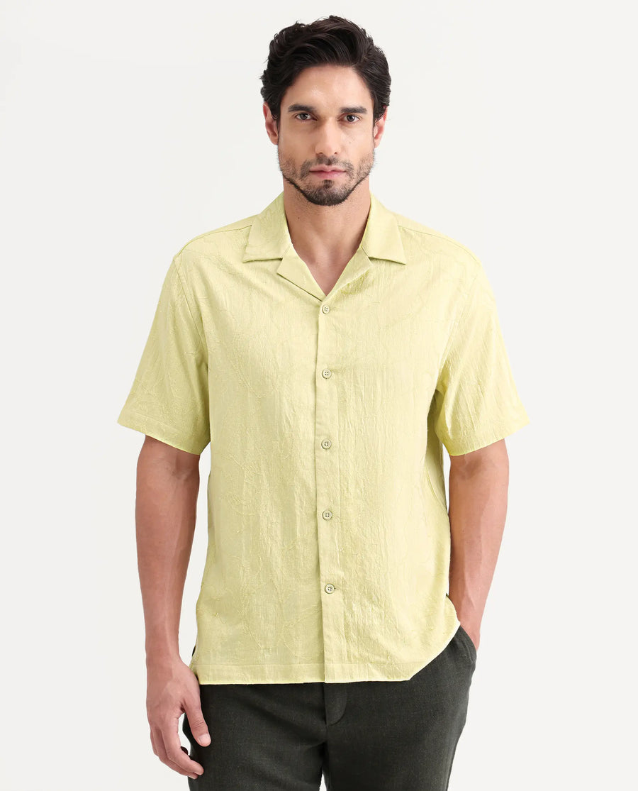 Rare Rabbit Men's Daqo-Ss Flourscent Green Cotton Half Sleeve Cuban Collar Regular Fit Jacquard Shirt