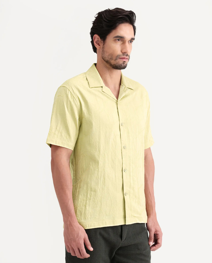 Rare Rabbit Men's Daqo-Ss Flourscent Green Cotton Half Sleeve Cuban Collar Regular Fit Jacquard Shirt