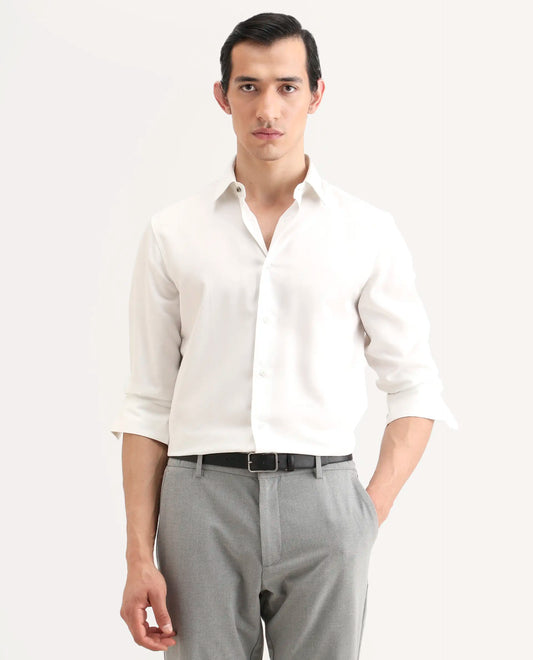 Rare Rabbit Men's Dream White Tencel Fabric Full Sleeve Spread Collar Regular Fit Plain Shirt