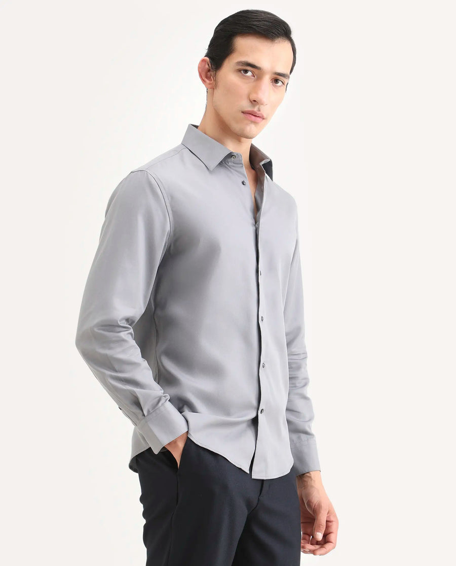 Rare Rabbit Men's Dream Pastel Grey Tencel Fabric Full Sleeve Spread Collar Regular Fit Plain Shirt