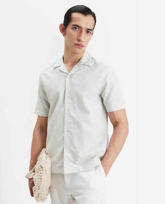 Rare Rabbit Men's Fira Off White Cotton Blend Half Sleeve Cuban Collar Regular Fit Jacquard Shirt