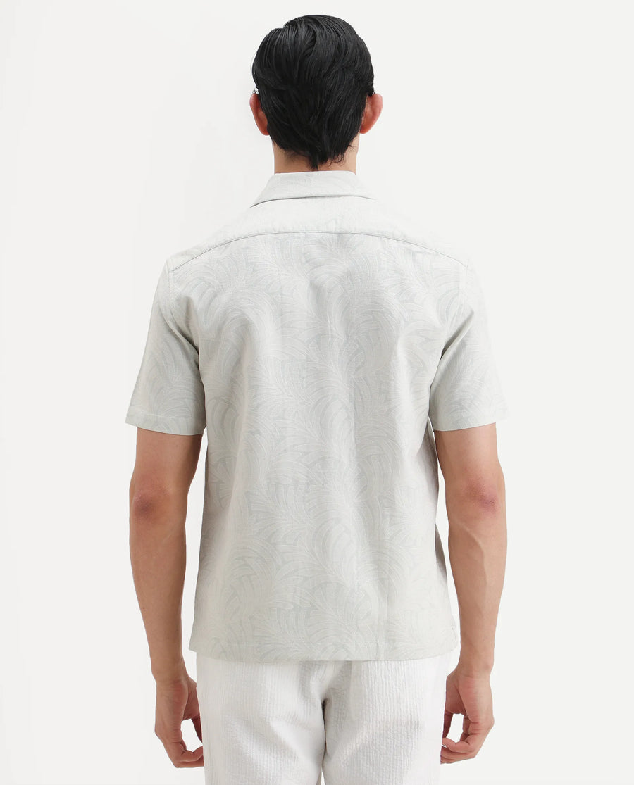 Rare Rabbit Men's Fira Off White Cotton Blend Half Sleeve Cuban Collar Regular Fit Jacquard Shirt