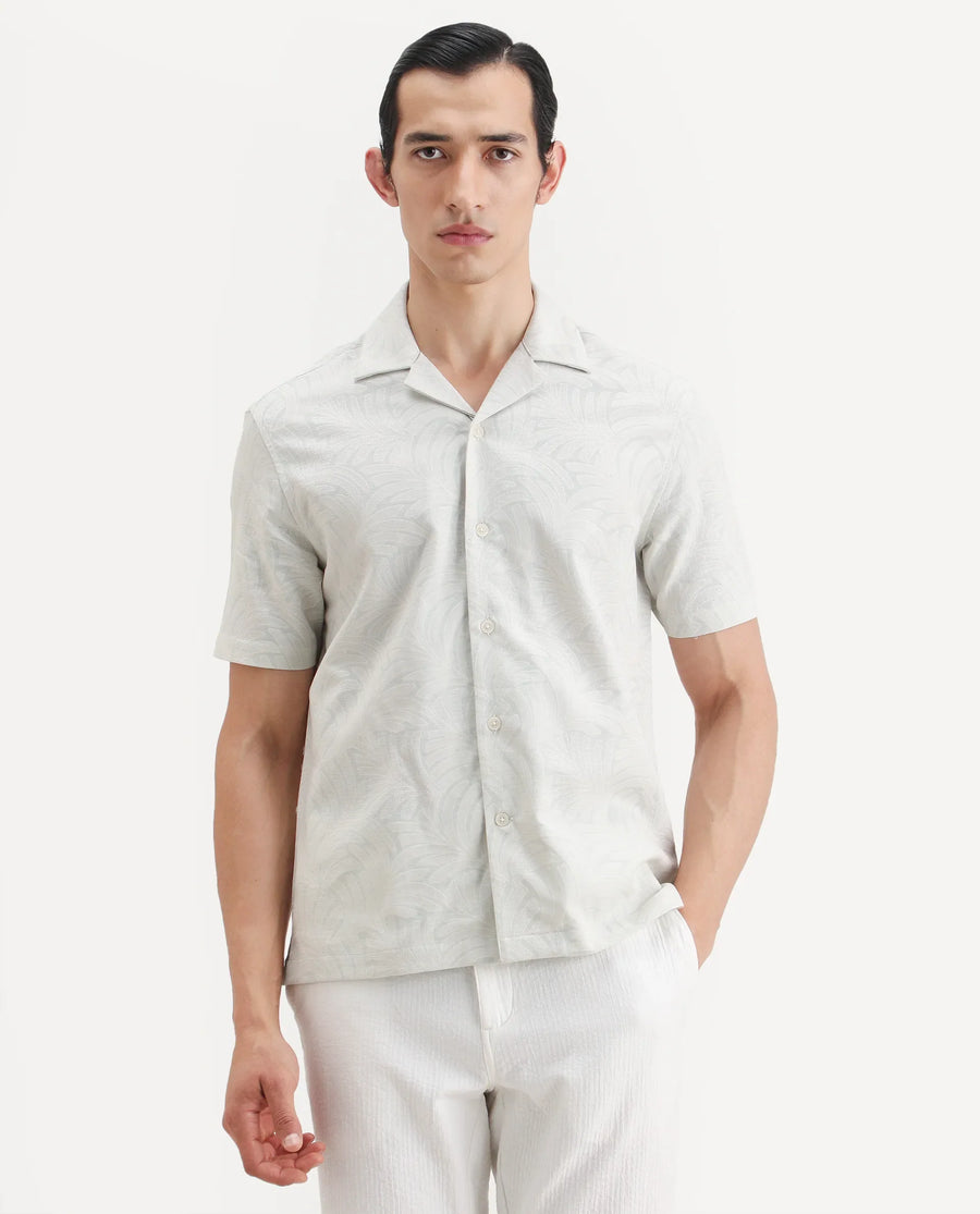Rare Rabbit Men's Fira Off White Cotton Blend Half Sleeve Cuban Collar Regular Fit Jacquard Shirt
