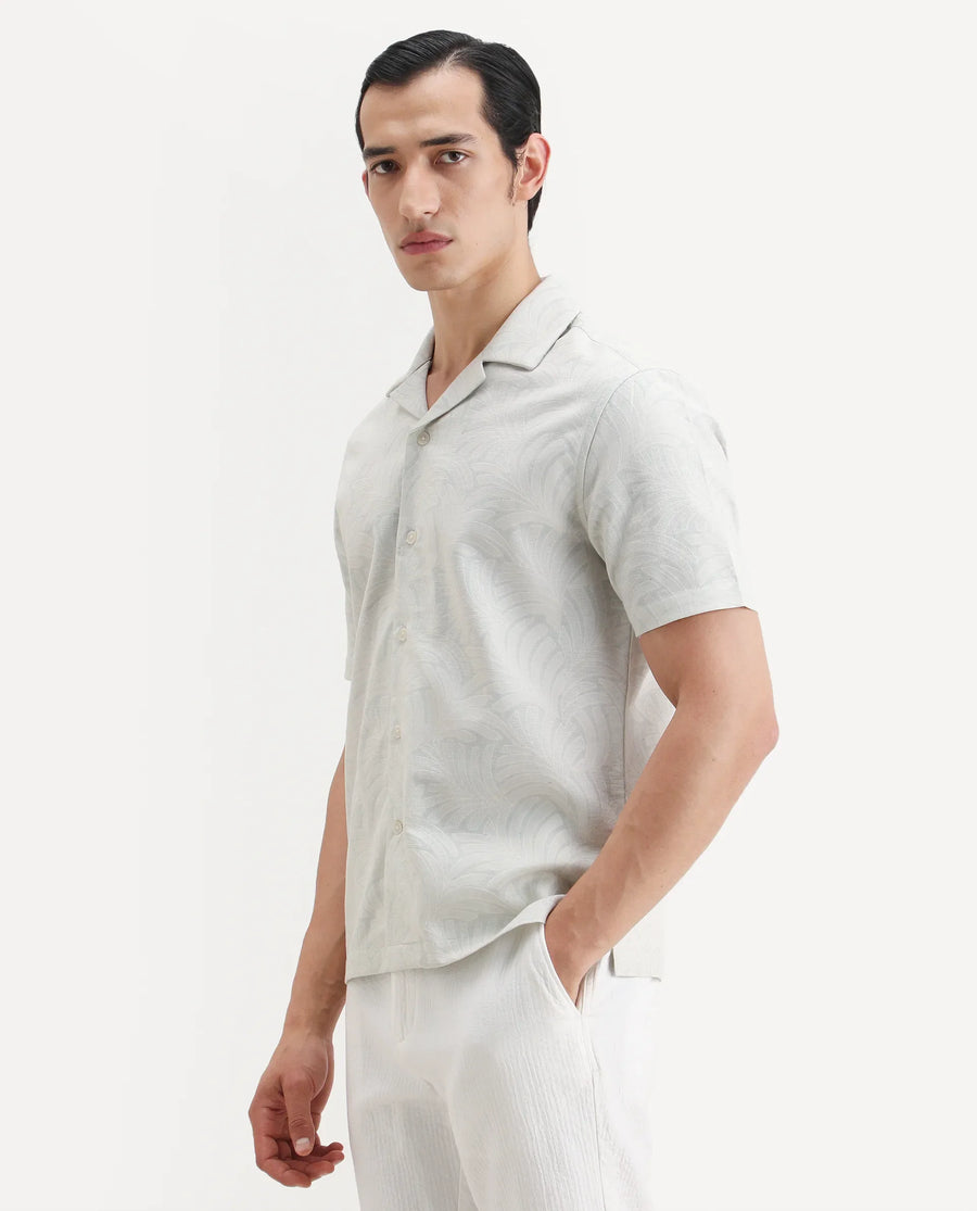 Rare Rabbit Men's Fira Off White Cotton Blend Half Sleeve Cuban Collar Regular Fit Jacquard Shirt