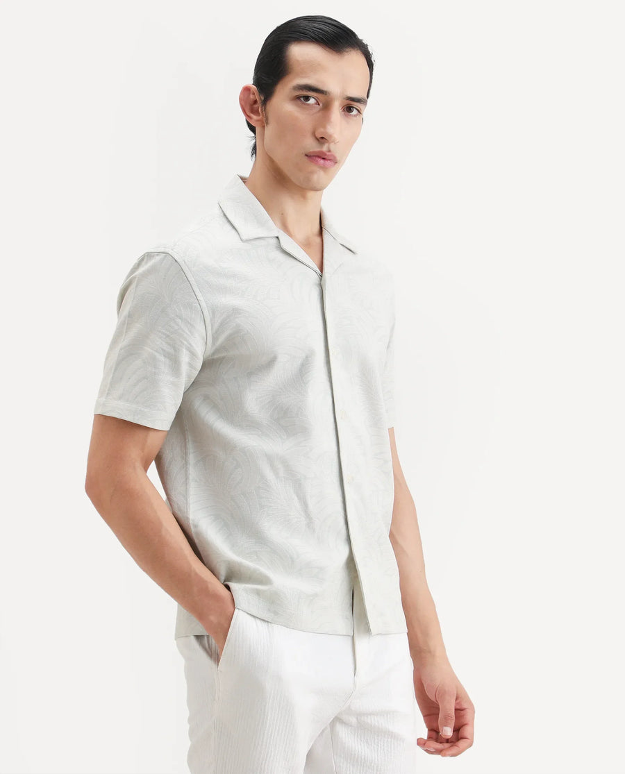 Rare Rabbit Men's Fira Off White Cotton Blend Half Sleeve Cuban Collar Regular Fit Jacquard Shirt