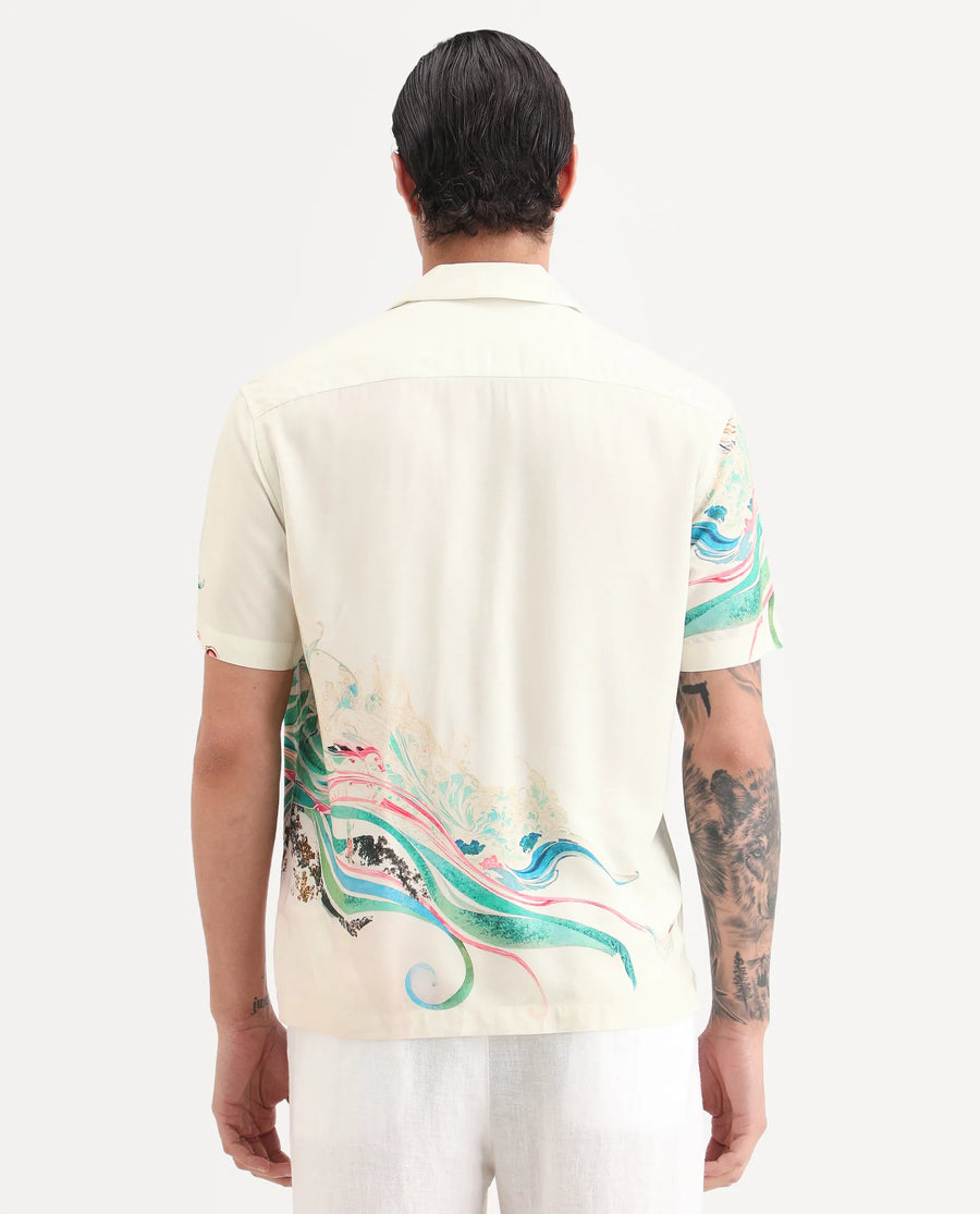 Rare Rabbit Men's Hani Off White Viscose Fabric Half Sleeve Cuban Collar Regular Fit Abstract Print Shirt