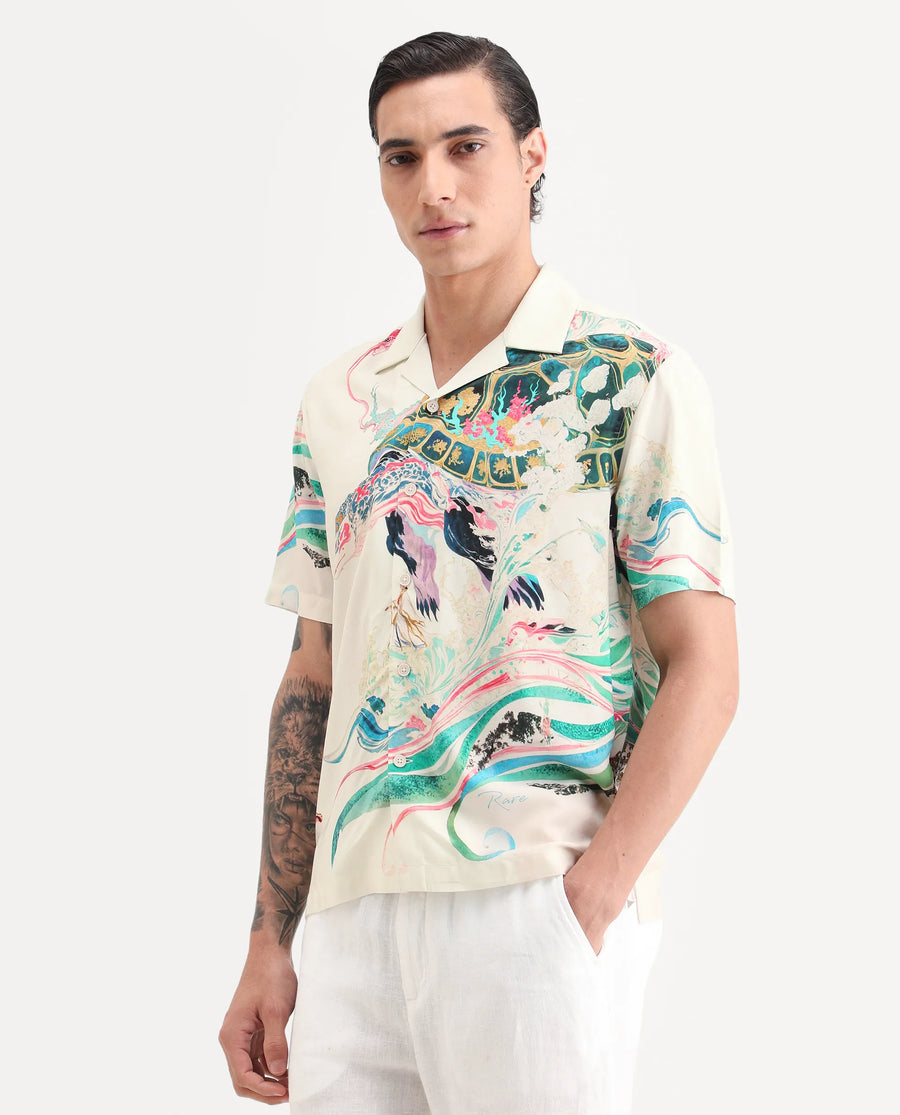 Rare Rabbit Men's Hani Off White Viscose Fabric Half Sleeve Cuban Collar Regular Fit Abstract Print Shirt