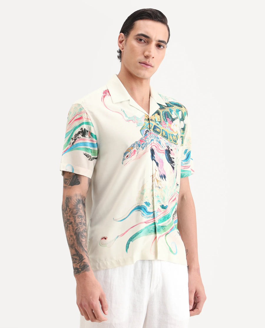 Rare Rabbit Men's Hani Off White Viscose Fabric Half Sleeve Cuban Collar Regular Fit Abstract Print Shirt
