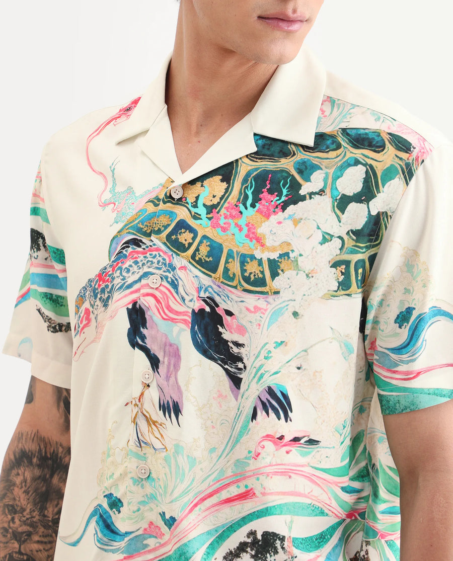Rare Rabbit Men's Hani Off White Viscose Fabric Half Sleeve Cuban Collar Regular Fit Abstract Print Shirt